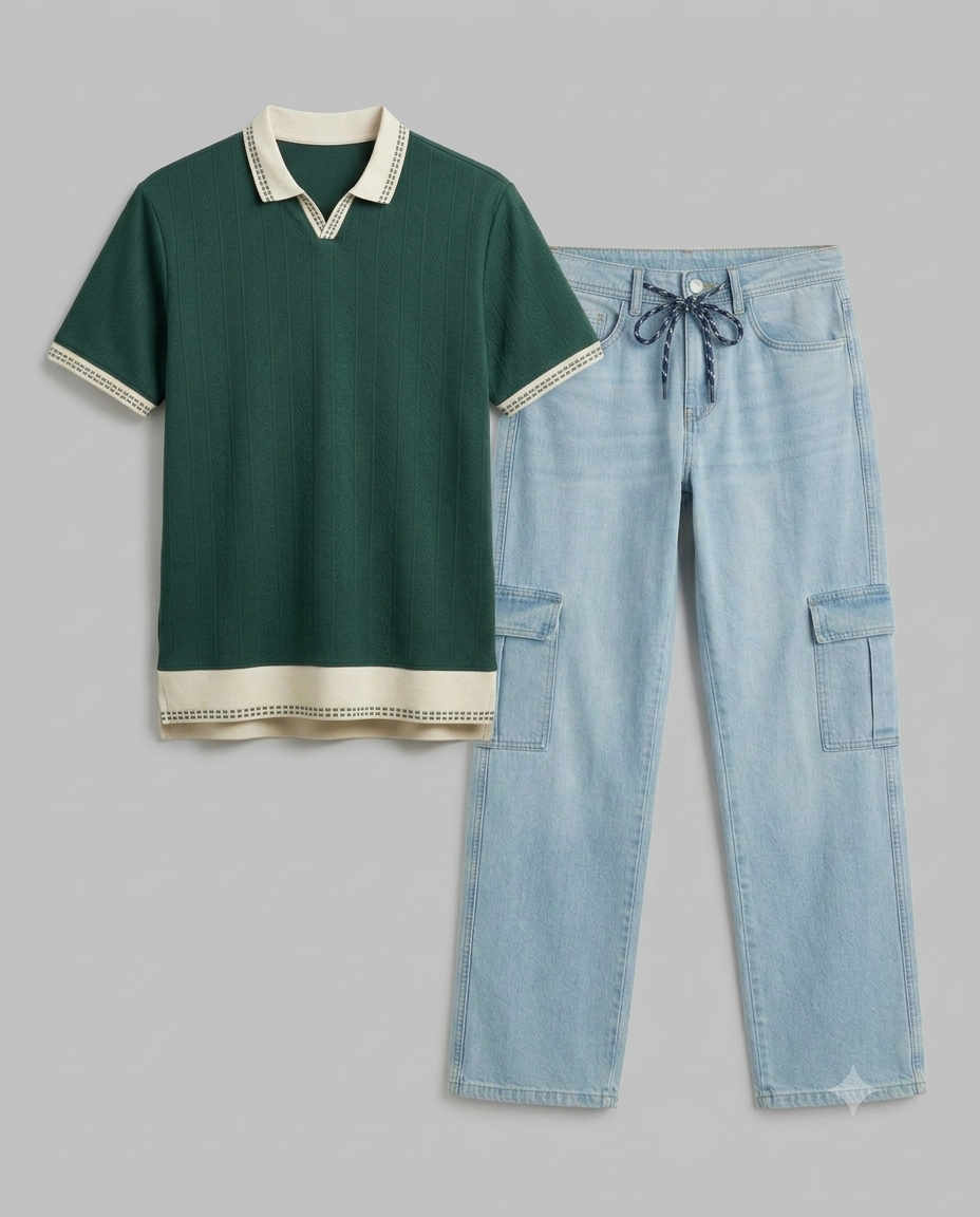 Premium Polo & Cargo Denim Combo - Forest Green and Light Blue