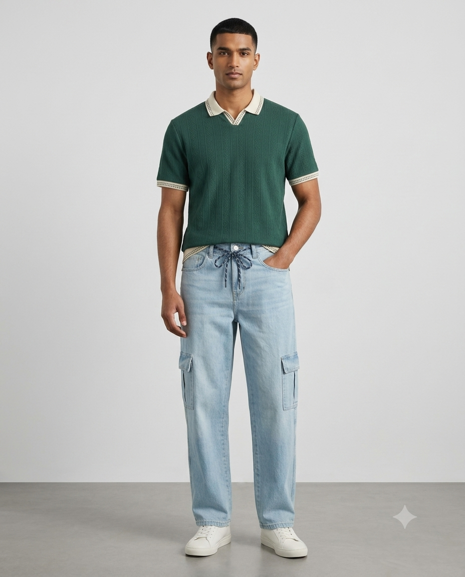Premium Polo & Cargo Denim Combo - Forest Green and Light Blue