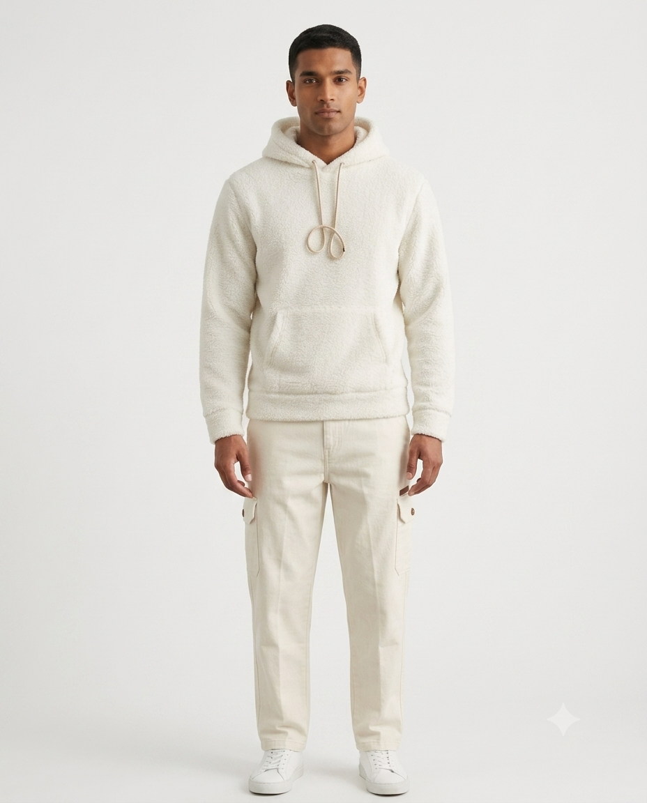 Premium Fur Hoodie Set - Cream