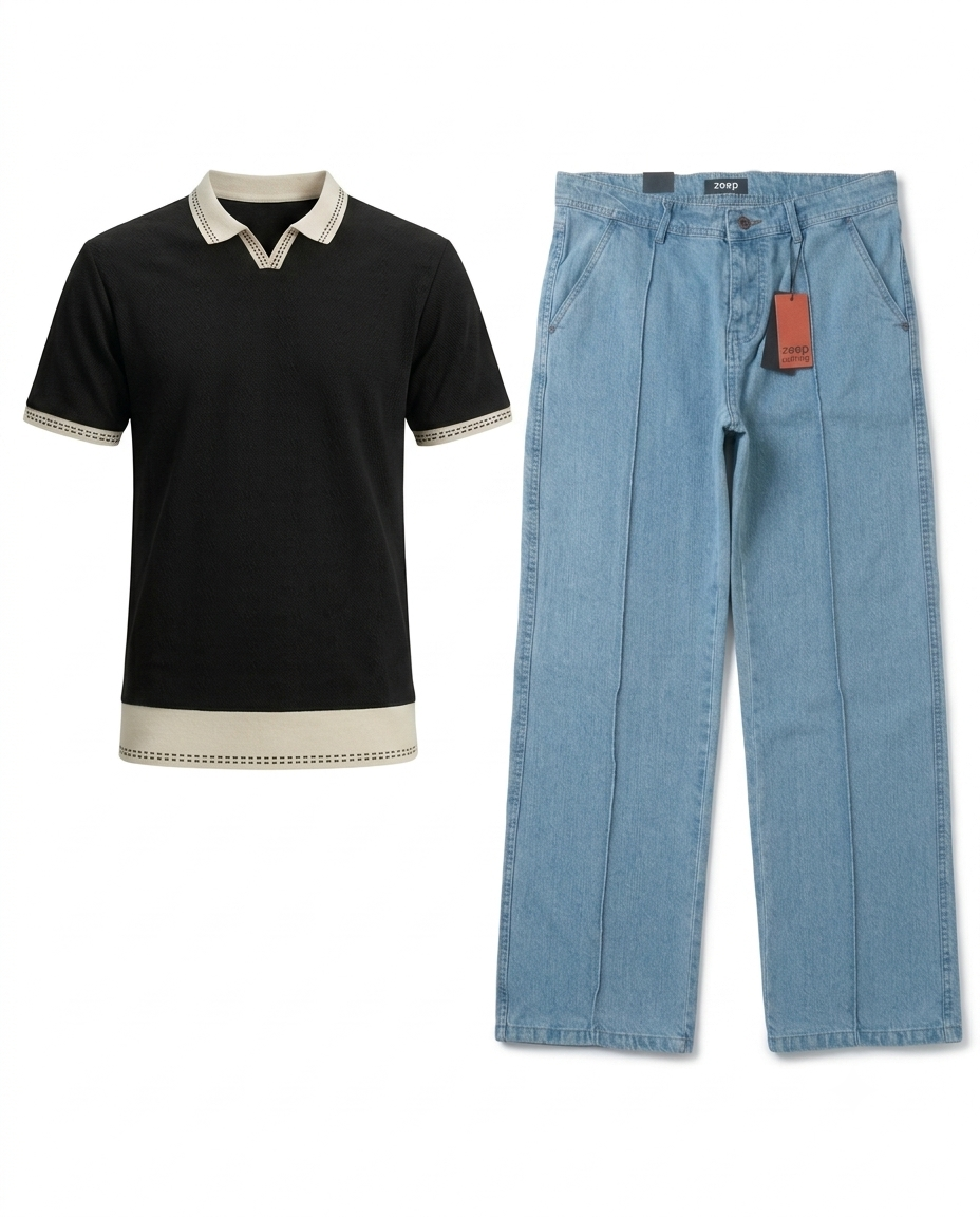 Polo & Denim Combo - Black and Light Wash