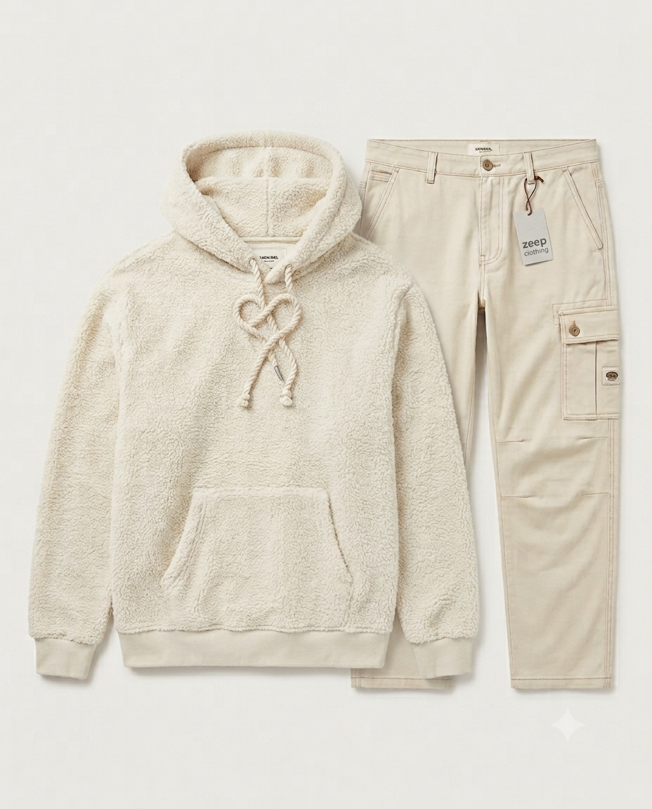 Premium Fur Hoodie Set - Cream