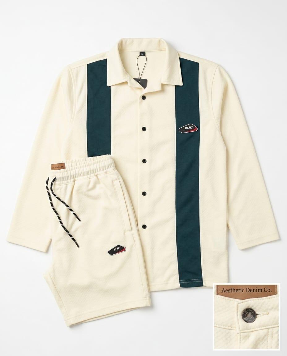 Men's Premium Contrast Panel Co-Ord Set – CREAM WHITE AND DARK GREEN